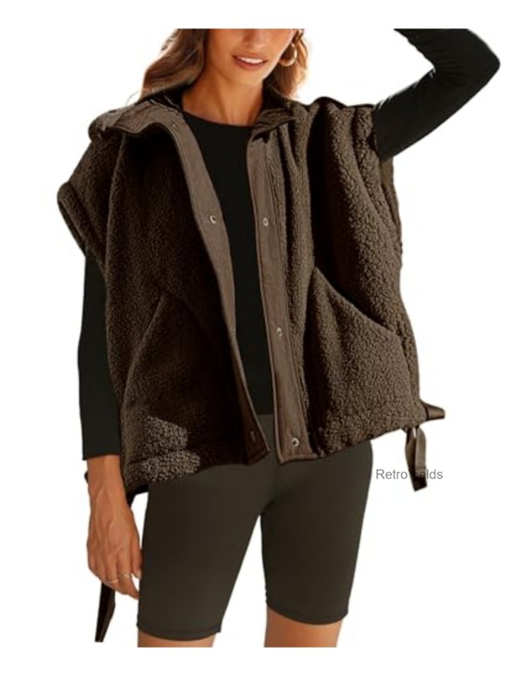 Oversized Fuzzy Fleece Vest Sleeveless Sherpa Button Jacket Womens